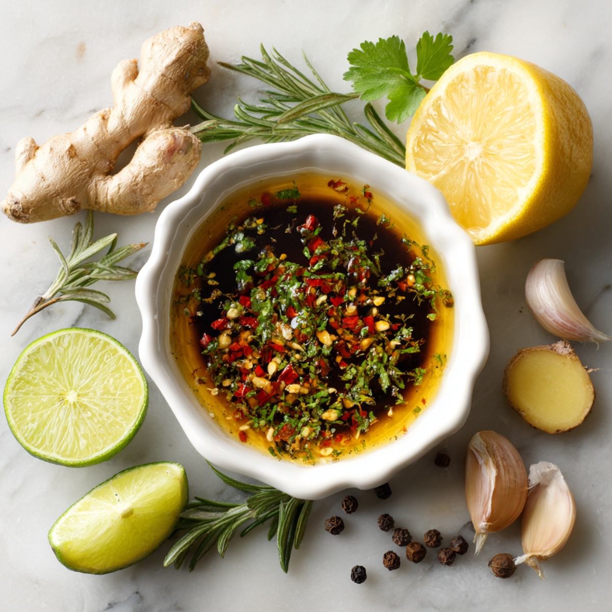 Bowl of marinade with chopped herbs, garlic, chili, and oil, surrounded by fresh ginger, lemon, lime, rosemary, parsley, and peppercorns.