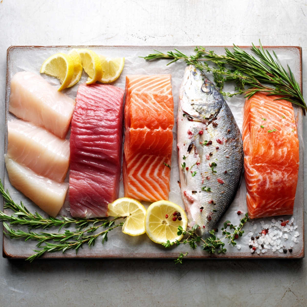 Assortment of raw fish fillets and a whole fish arranged on a tray with lemon slices, rosemary, and thyme.