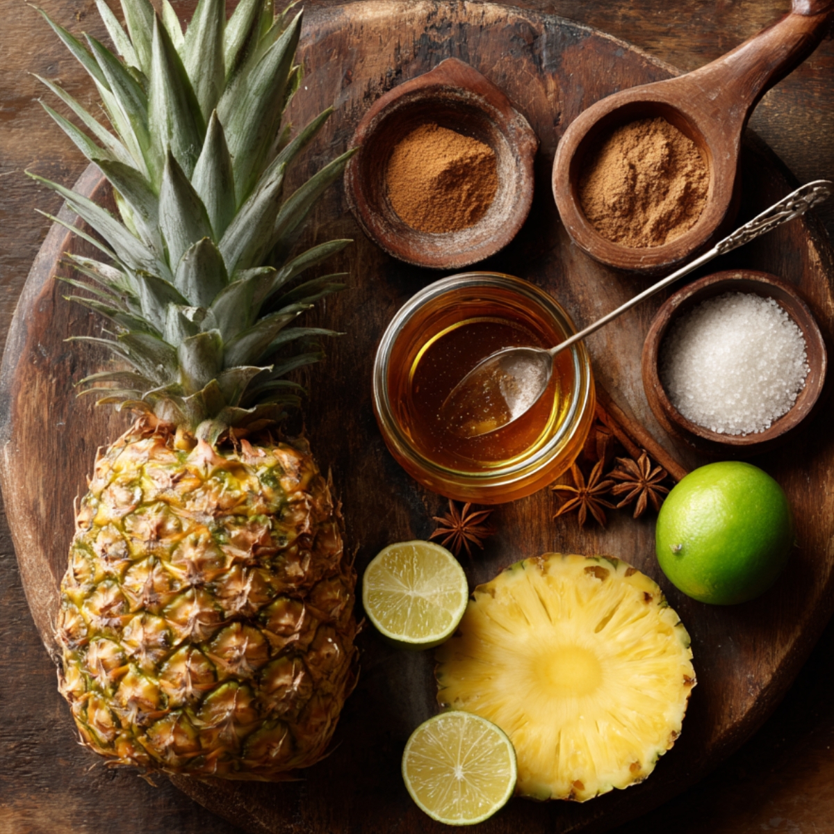 A whole pineapple with limes, honey, sugar, and ground spices arranged around it on a rustic wooden board.