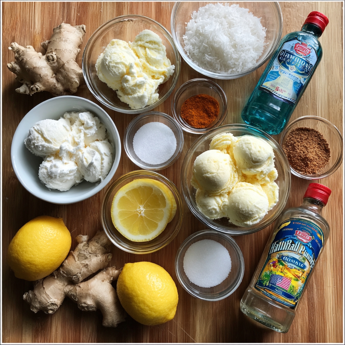 Assorted ingredients including vanilla ice cream, fresh lemons, ginger root, shredded coconut, sugar, spices, and bottles of soda.
