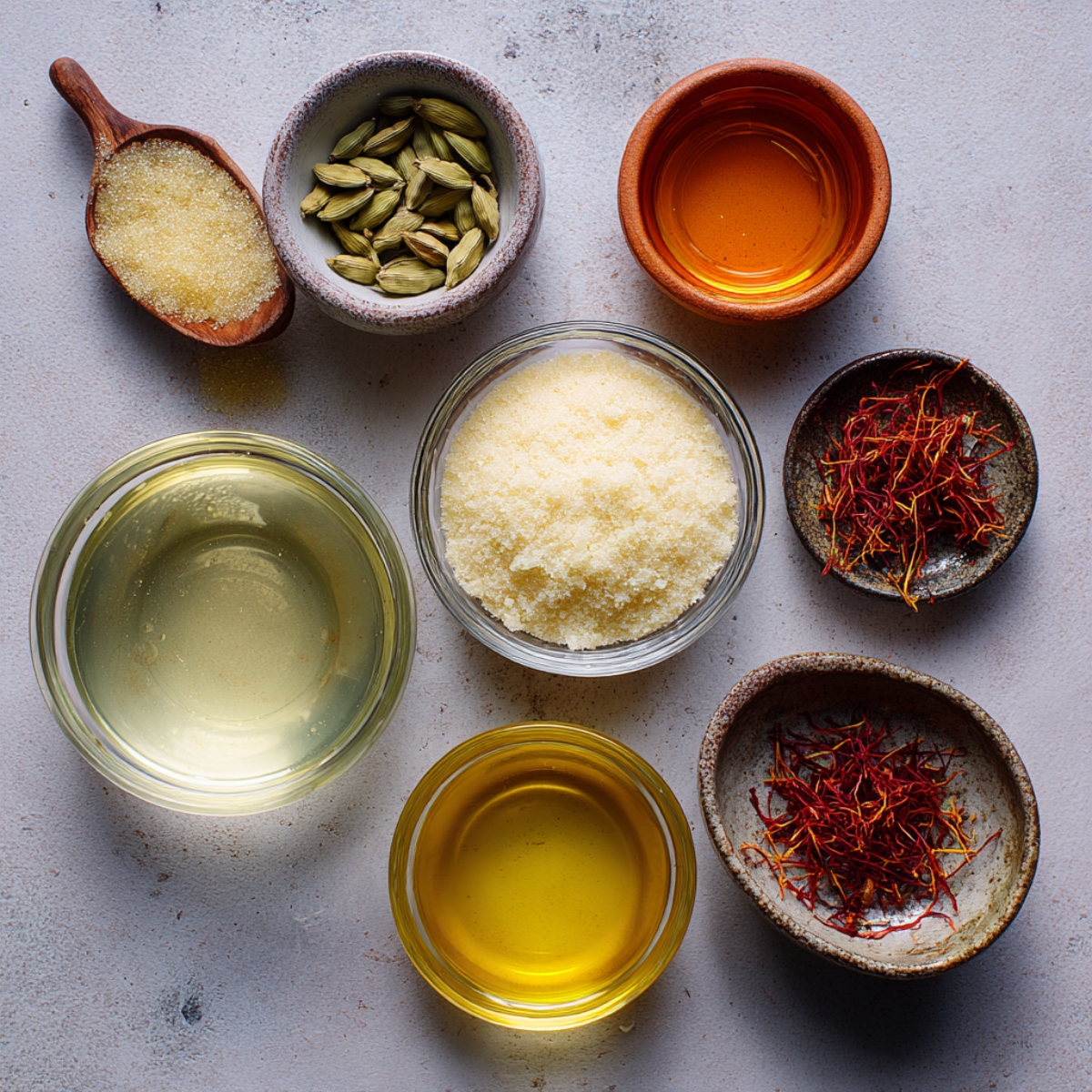 Small bowls filled with sugar, cardamom pods, saffron, rose water, and ghee arranged neatly on a table.
