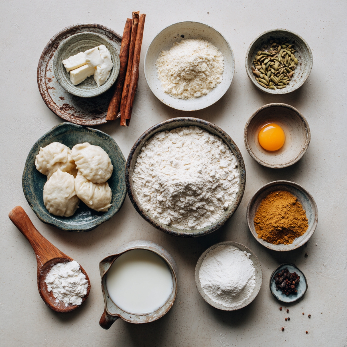 A collection of bowls containing khoya, flour, spices, egg yolk, butter, and milk laid out for making the dough.