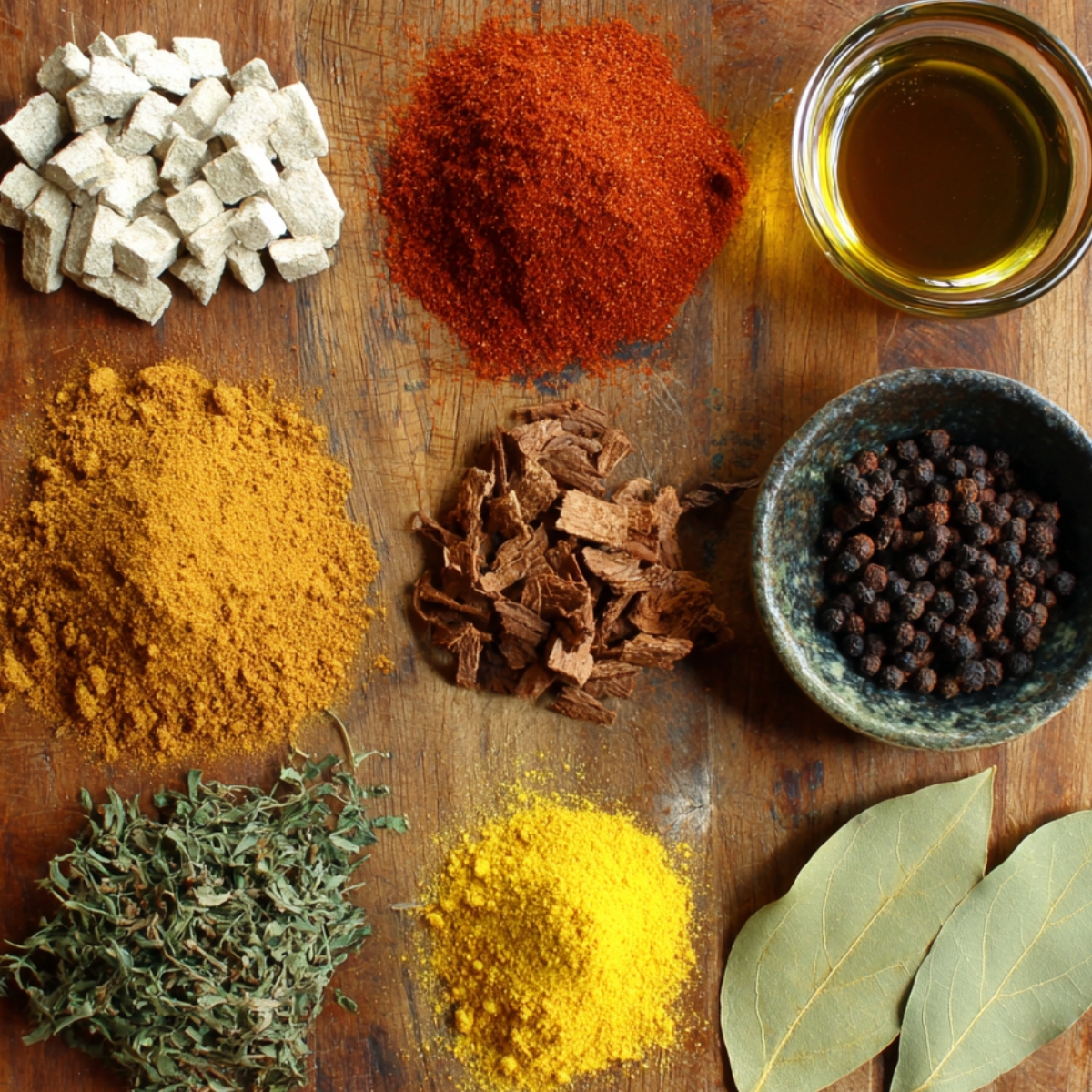 An assortment of spices and seasonings on a wooden surface, including curry powder, dried thyme, seasoning cubes, bay leaves, and black peppercorns.