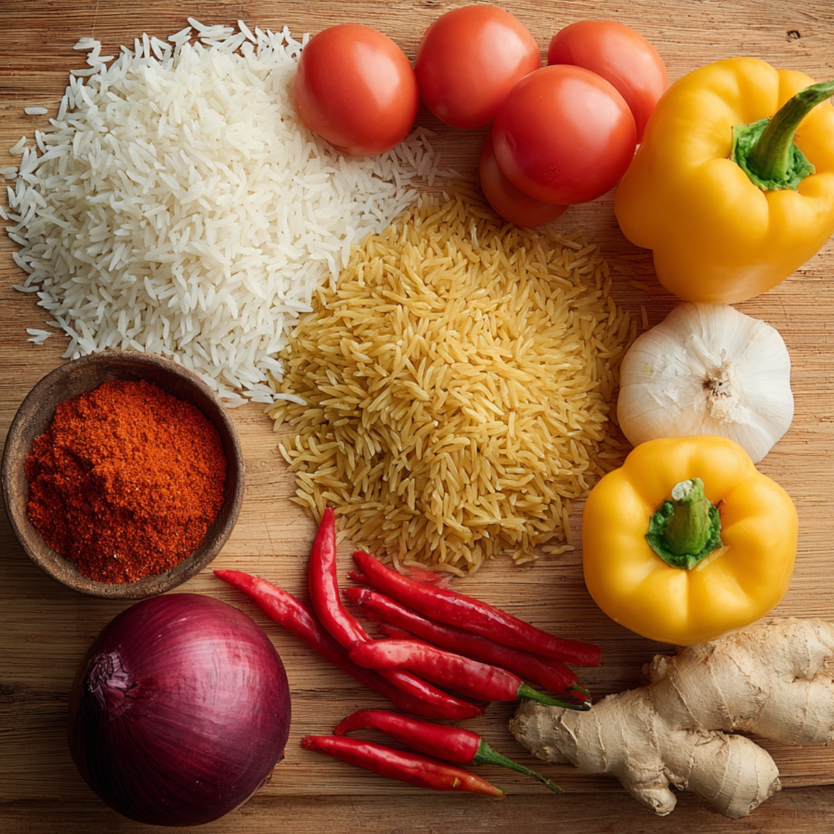A wooden board with raw ingredients: long-grain white and parboiled rice, tomatoes, yellow bell peppers, garlic, ginger, red chili peppers, a red onion, and ground red spice.