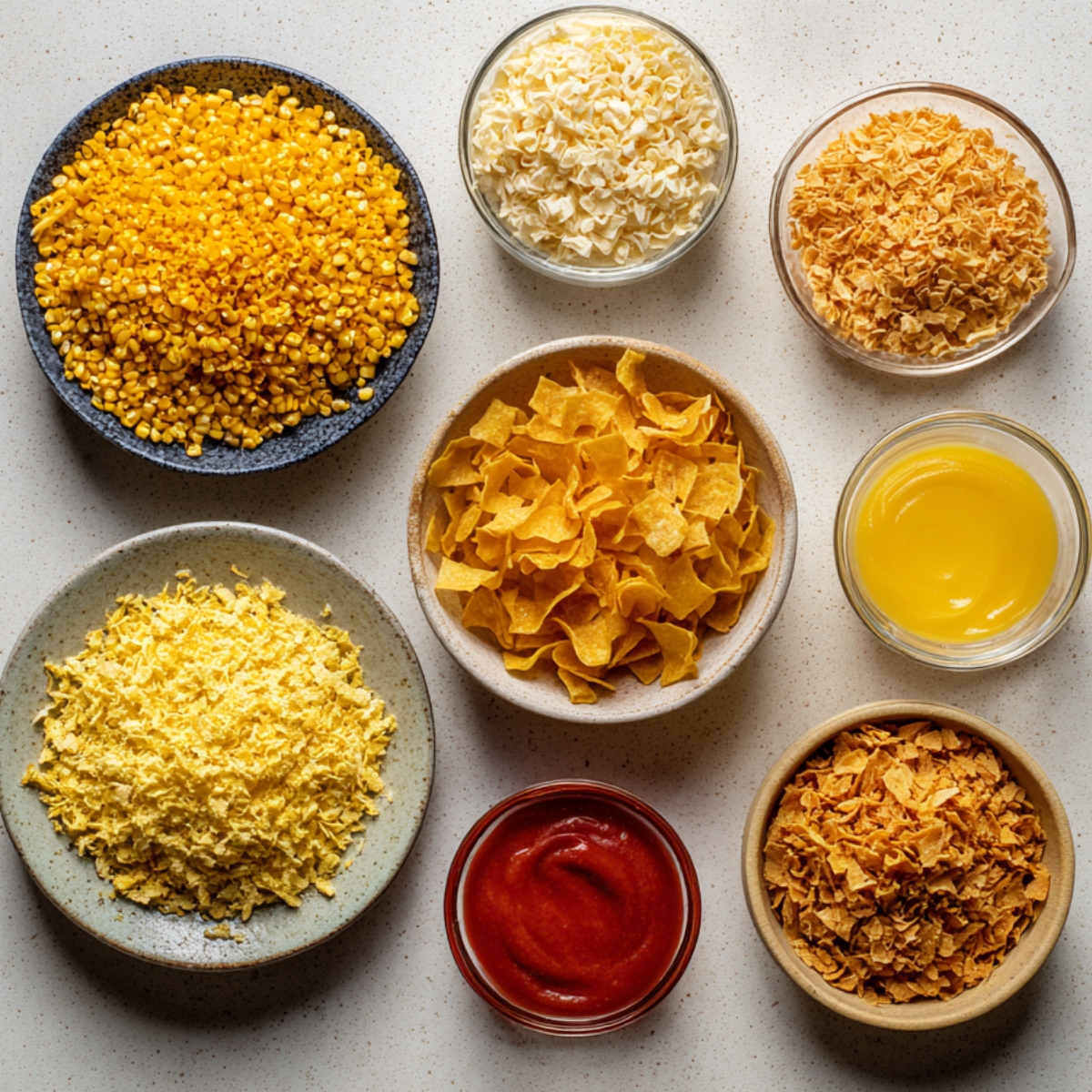 Top-down view of small bowls containing various coatings: whole corn kernels, shredded cheese, crushed fried noodles, corn chips, finely crushed yellow coating, sauce, and other crispy toppings.