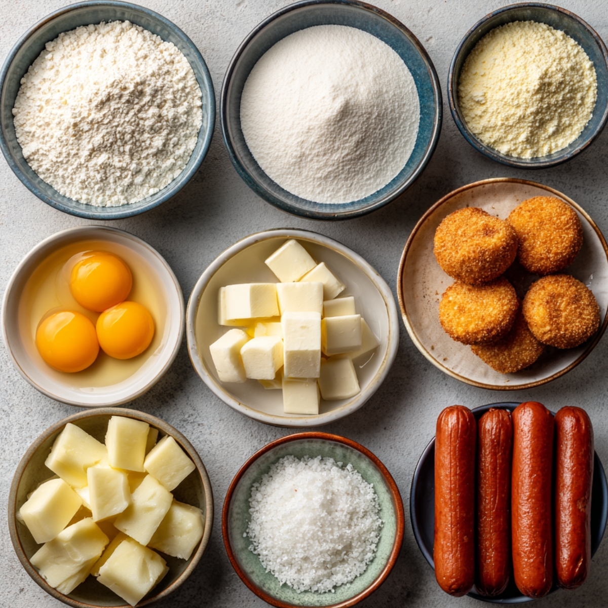 Top-down view of neatly arranged ingredients for Korean corn dogs: bowls of flour, sugar, cornmeal, butter cubes, egg yolks, breaded cheese balls, and whole hot dogs on a gray surface.