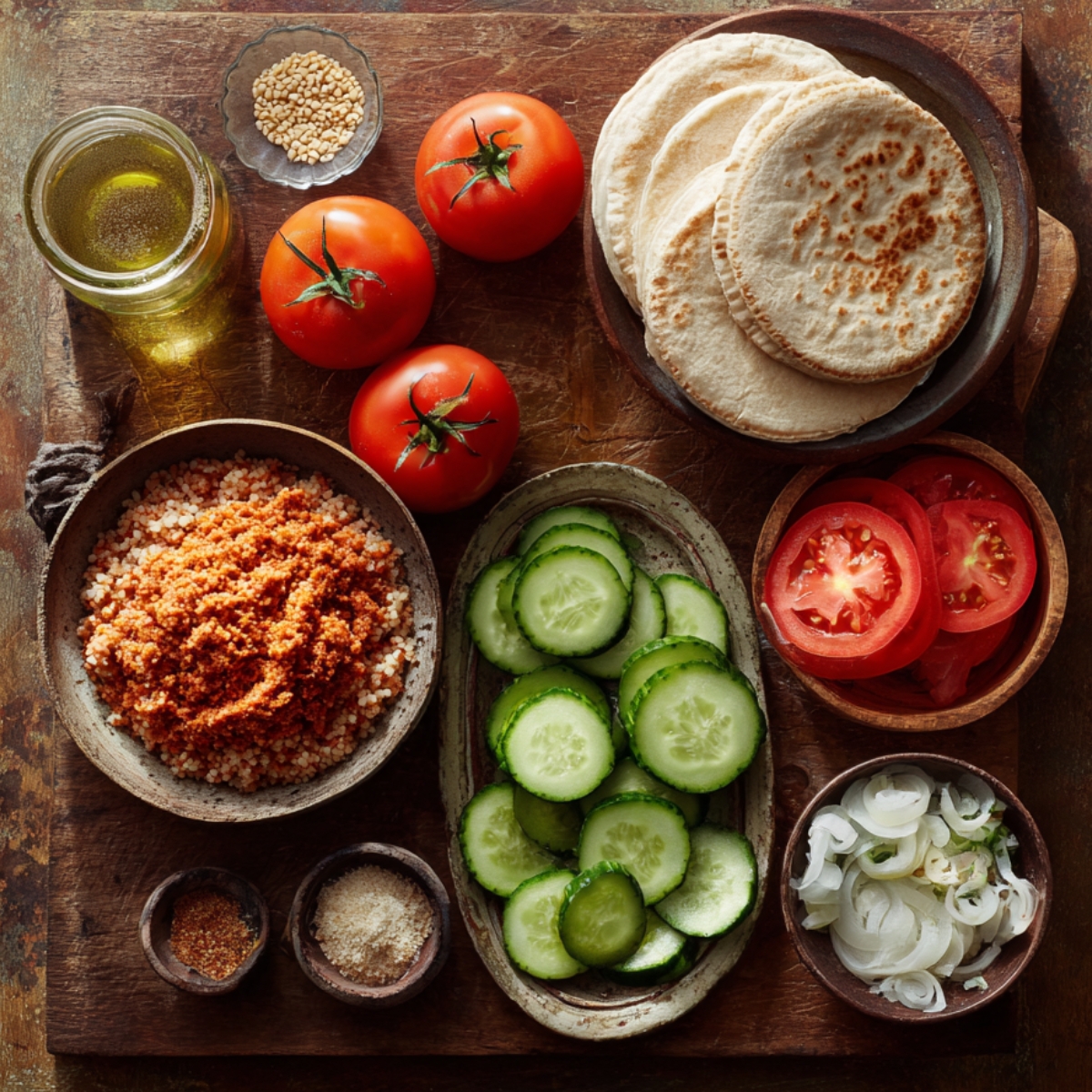A colorful platter of ingredients including sliced cucumber, tomatoes, white onion, couscous, pita bread, and olive oil, arranged on a wooden board for a Middle Eastern mezze-style dish.