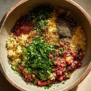 Overhead view of a large mixing bowl filled with ground beef, bulgur, chopped parsley, fresh herbs, and colorful spices before mixing. Sunlight casts natural shadows across a rustic countertop.