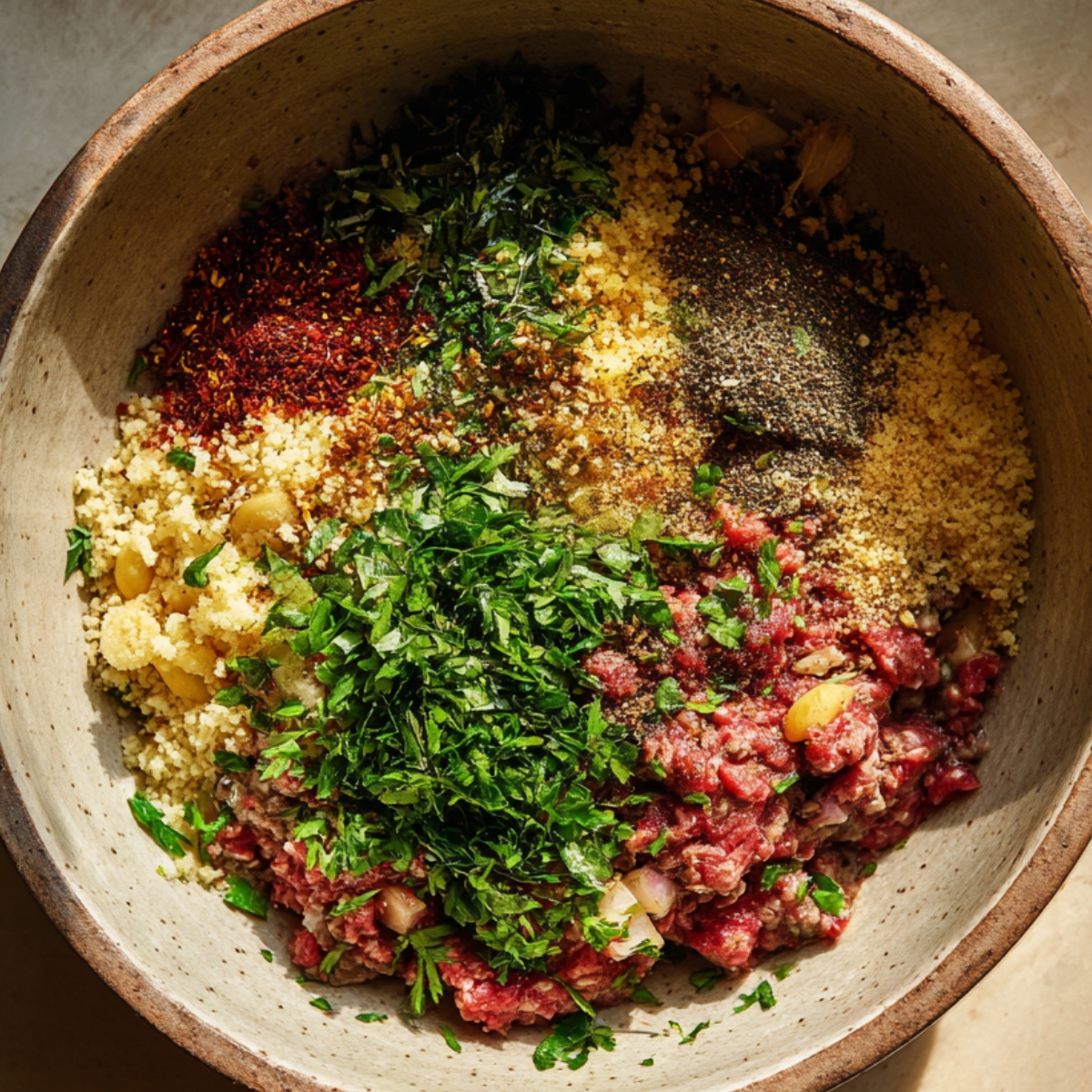 Overhead view of a large mixing bowl filled with ground beef, bulgur, chopped parsley, fresh herbs, and colorful spices before mixing. Sunlight casts natural shadows across a rustic countertop.