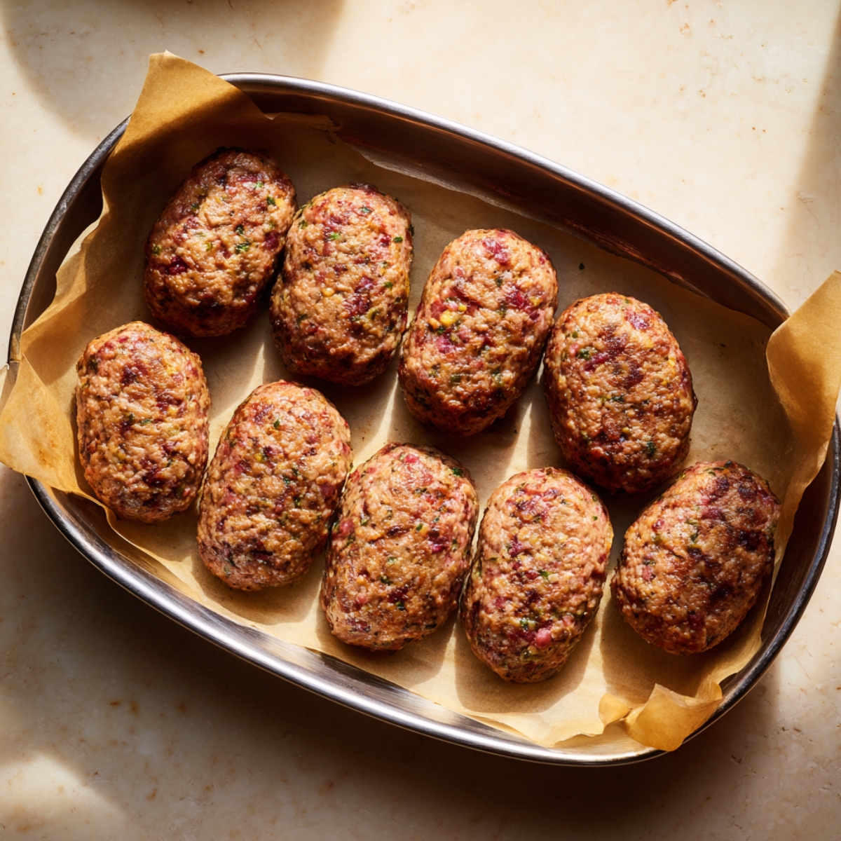 Oval-shaped meat patties neatly arranged on a parchment-lined tray, ready for resting or baking. Even shape and texture, natural lighting, Mediterranean preparation style.