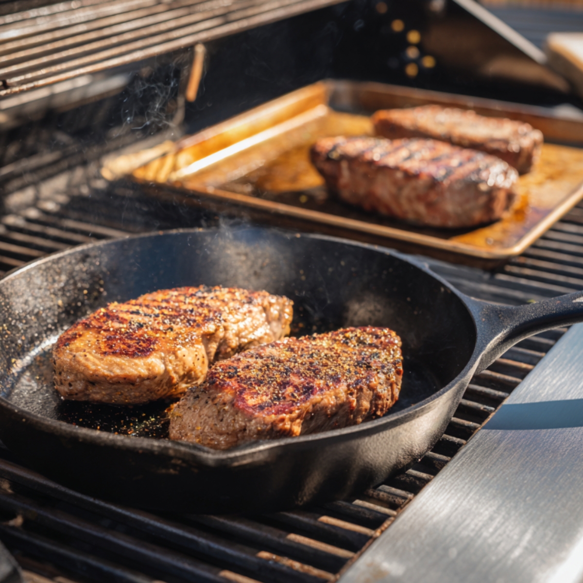 Meat patties cooking on a cast iron skillet placed over a grill, with additional patties baking on a tray in the background. Visible grill marks and sizzling surface, outdoor cooking scene.