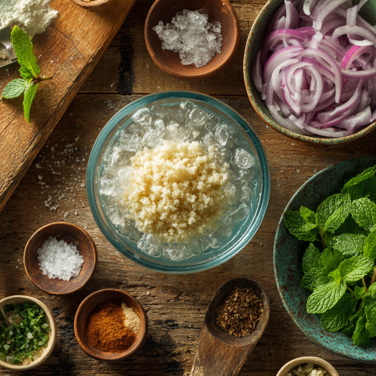 A prep station featuring soaked bulgur in ice water, finely sliced red onions, fresh mint leaves, measured spices, and salt arranged on a rustic wooden surface.