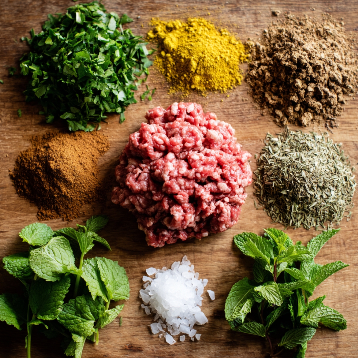 Top-down view of raw ground beef surrounded by neat piles of herbs and spices: parsley, turmeric, cumin, mint leaves, and sea salt on a wooden surface.