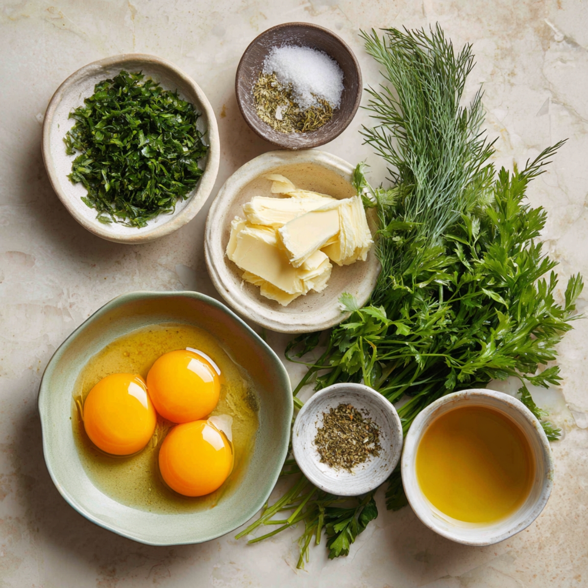 A marble surface with herbs and flavoring ingredients including chopped parsley, butter slices, fresh dill, fresh parsley, olive oil, egg yolks, salt, and dried herbs.
