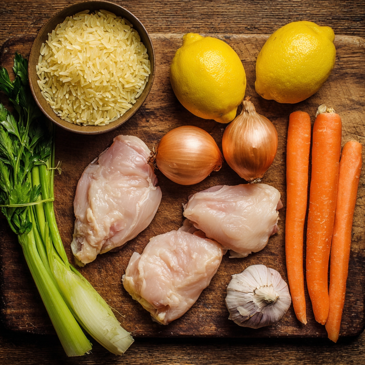A wooden board holding the soup’s foundational ingredients: boneless chicken thighs, whole carrots, celery stalks, onions, garlic, lemons, and a bowl of uncooked orzo.