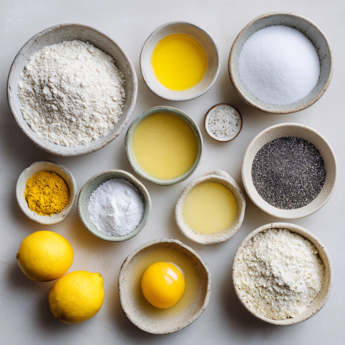 Flat lay of baking ingredients: flour, sugar, butter, poppy seeds, lemon juice, lemon zest, eggs, and salt, each portioned into separate bowls.