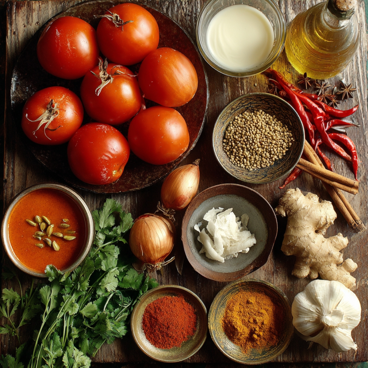 Fresh ingredients for making rich tomato gravy—ripe tomatoes, onions, garlic, ginger, spices, herbs, oil, and cream.