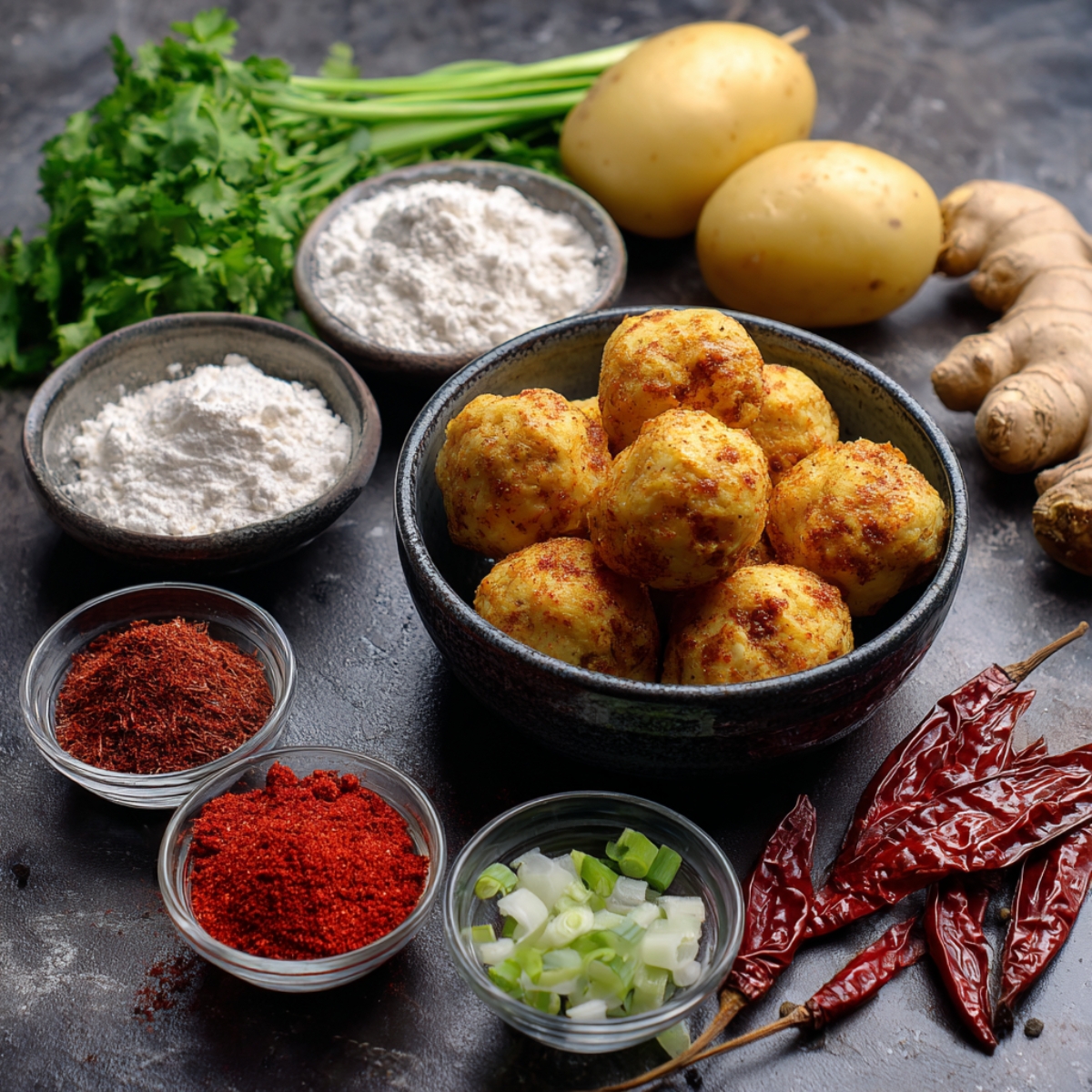 Ingredients for kofta balls—paneer, boiled potatoes, flour, ginger, red chilies, spices, and fresh coriander, with shaped balls in a bowl.