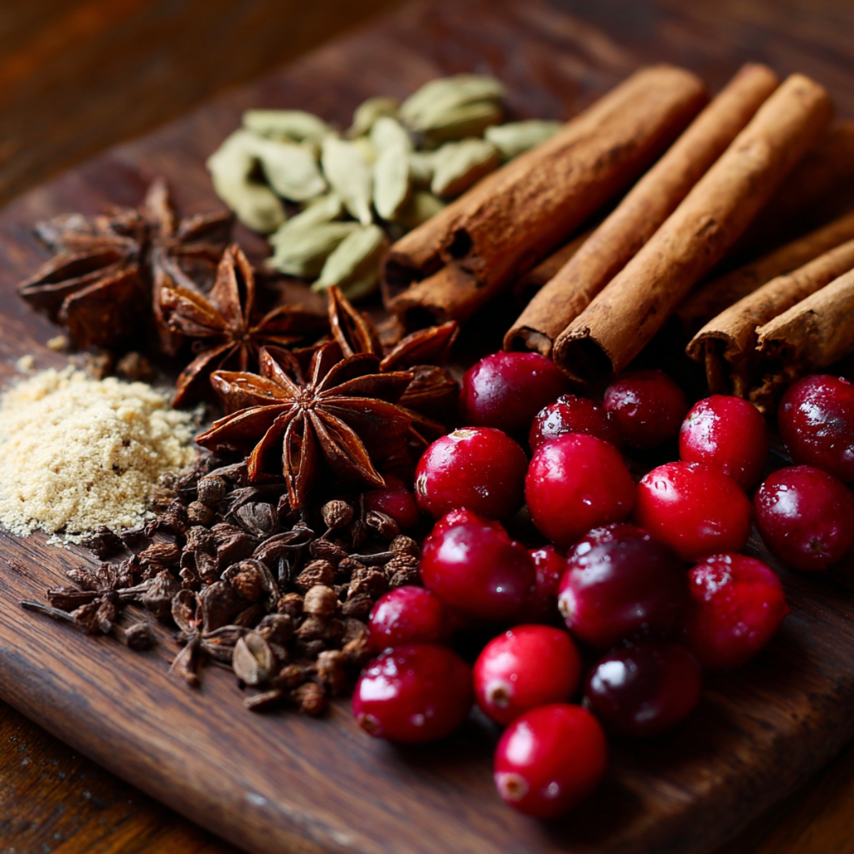 Spice blend on board—cinnamon sticks, star anise, cloves, cardamom, allspice, cranberries, and sugar.
