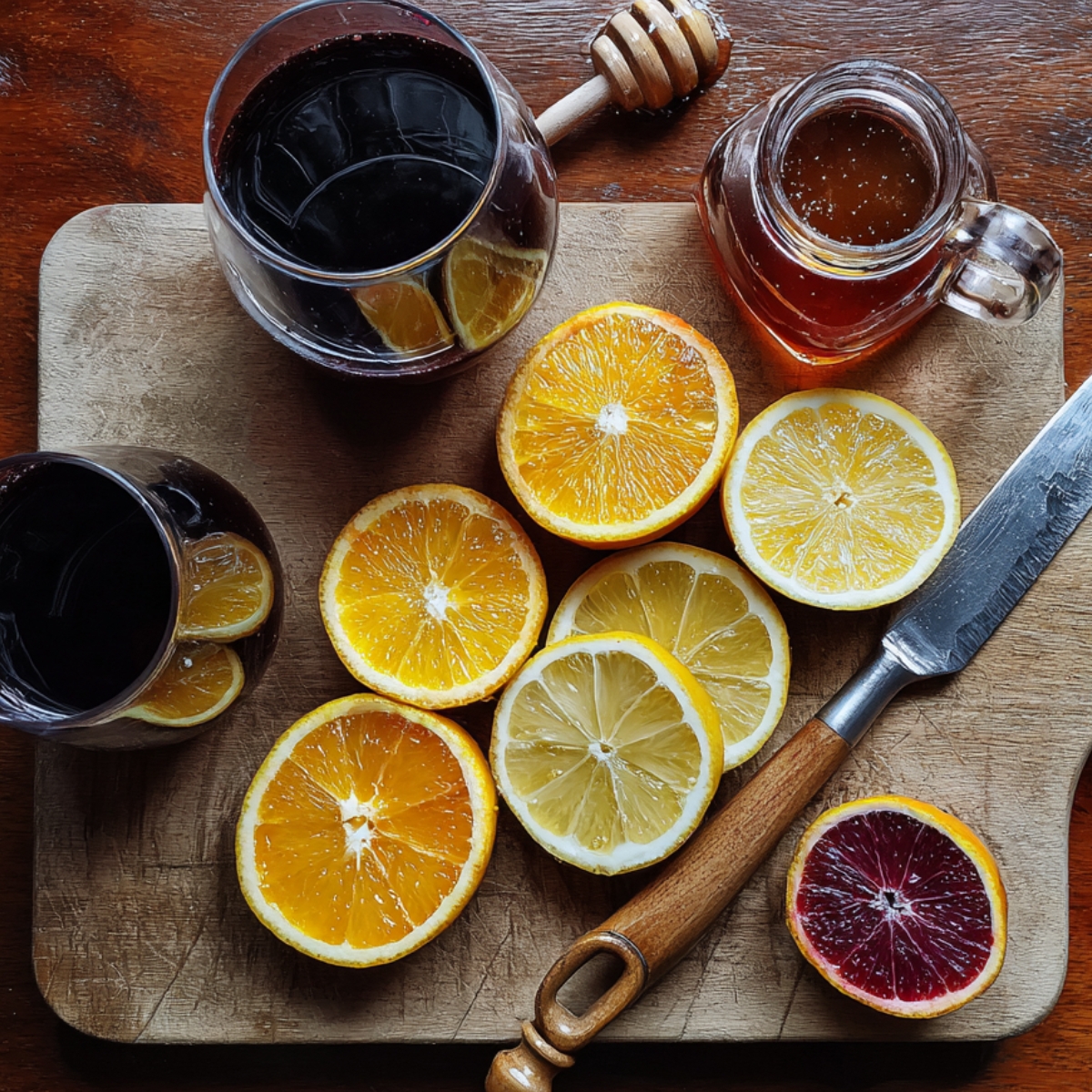 Red wine, sliced oranges and lemons, and a jar of honey laid out on a cutting board.