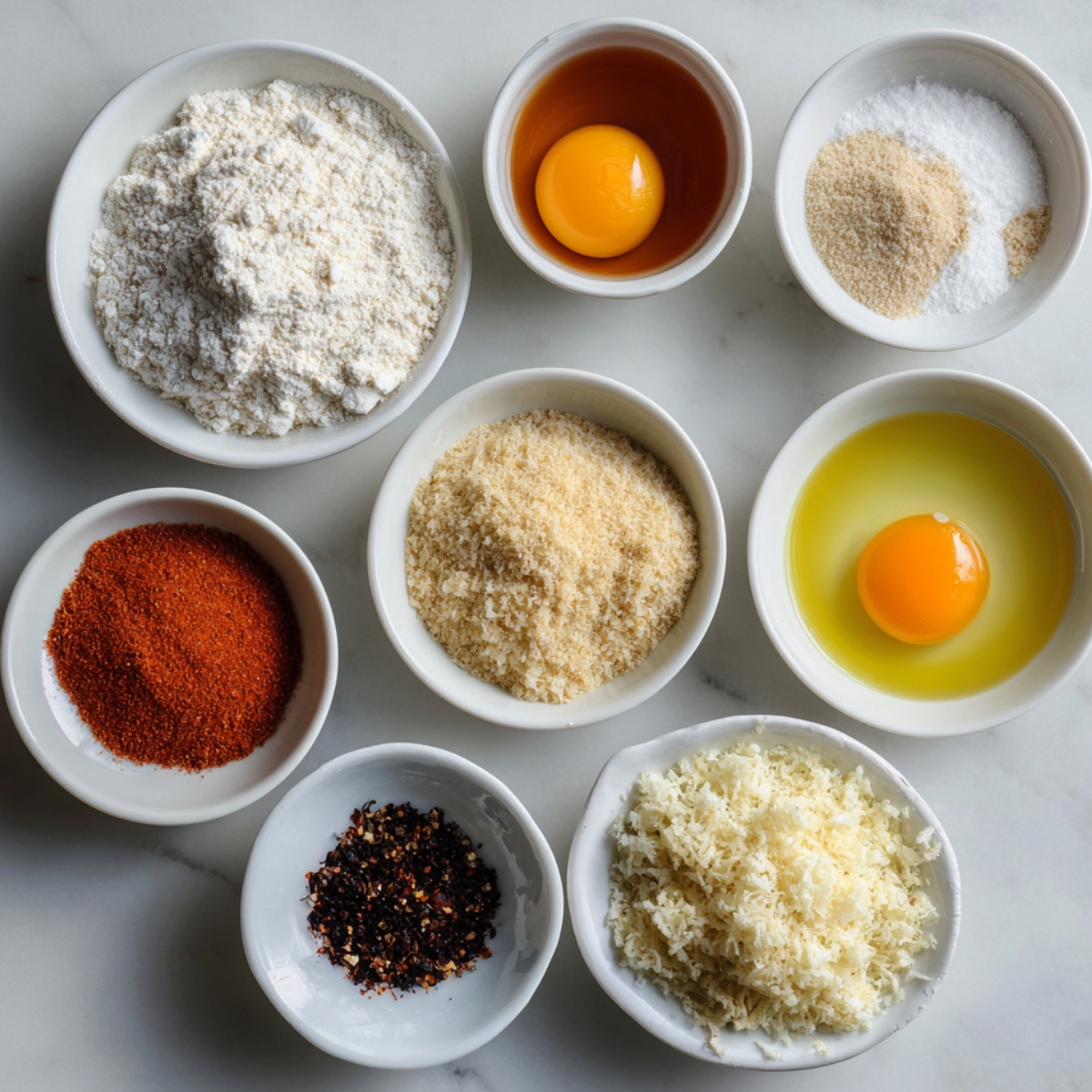 Small bowls containing onion ring ingredients: flour, egg yolk, breadcrumbs, egg, paprika, salt, shredded cheese, and chili flakes.
