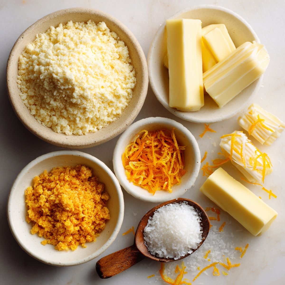 Assorted truffle ingredients including butter cubes, powdered sugar, cream cheese, white chocolate chips, and halved oranges arranged in bowls.