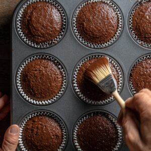 A muffin tin of freshly baked chocolate cupcakes, with a hand using a pastry brush to apply syrup or glaze.