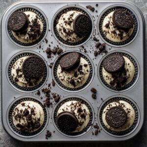 A cupcake tin filled with frosted cupcakes, each topped with an Oreo cookie and sprinkled with crumbs.