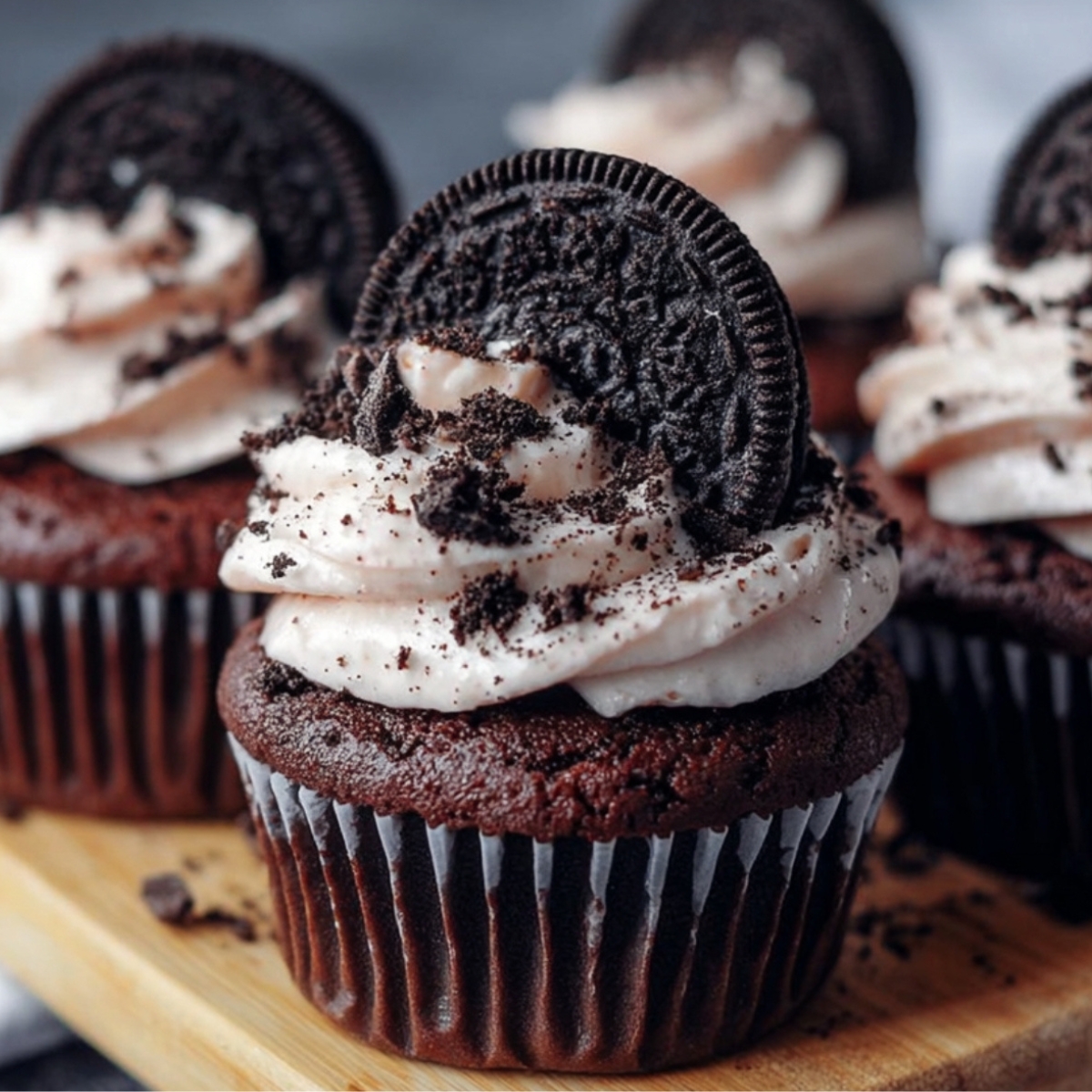 A chocolate cupcake topped with swirls of Oreo-speckled frosting, half an Oreo cookie, and cookie crumbs.