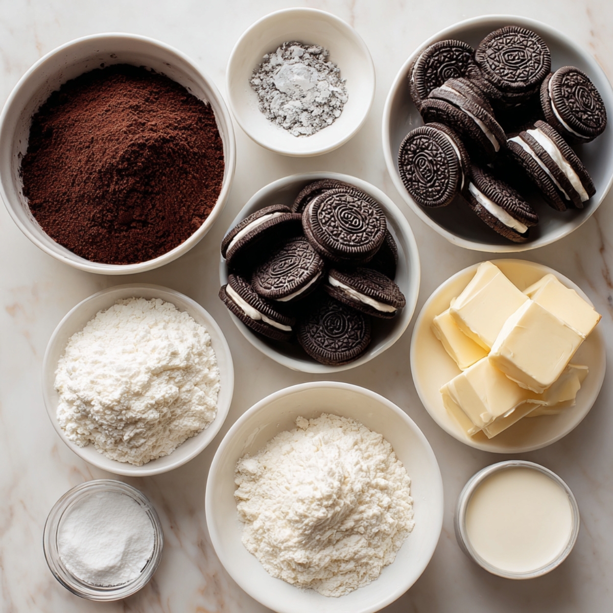 Overhead shot of Oreo cupcake ingredients in bowls, including whole Oreos, cocoa powder, flour, butter, and sugar.