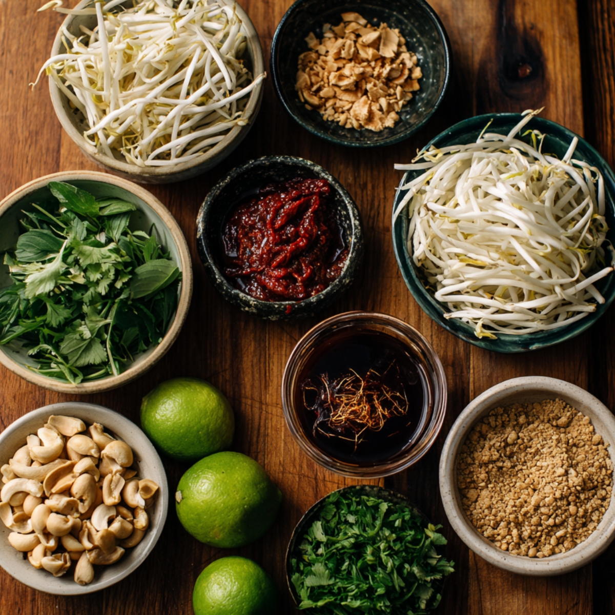 Overhead view of small bowls filled with traditional Pad Thai toppings and condiments, including bean sprouts, herbs, crushed peanuts, lime, chili paste, tamarind sauce, and fried garlic.