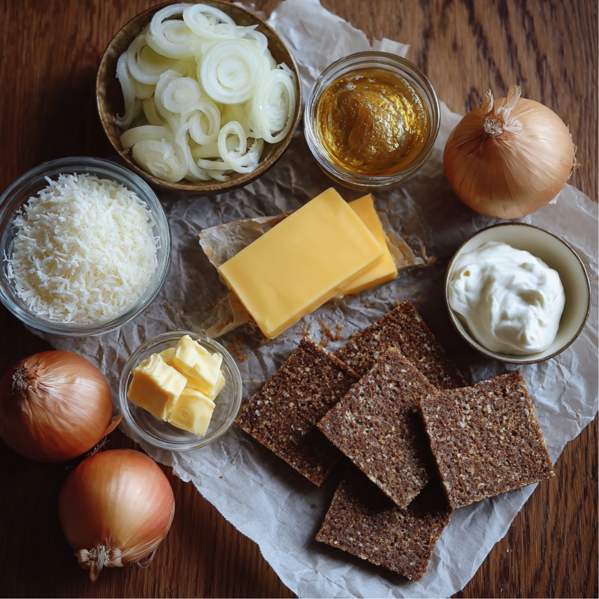 Delicious Parmesan Onion Squares Recipe 10 Recipe base ingredients neatly arranged on a wooden table: sliced onions, butter, cheeses, sour cream, crackers or rye bread squares, and onion jam.