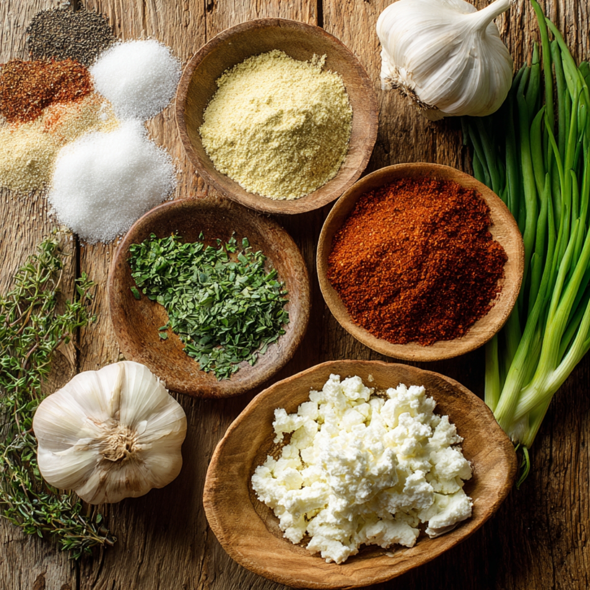 Delicious Parmesan Onion Squares Recipe 11 Seasoning and garnish ingredients arranged in rustic wooden bowls, including garlic, herbs, spices, and crumbled cheese.