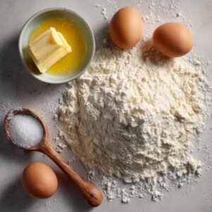 All-purpose flour, butter, salt, and eggs arranged on a light surface for preparing homemade pie crust.