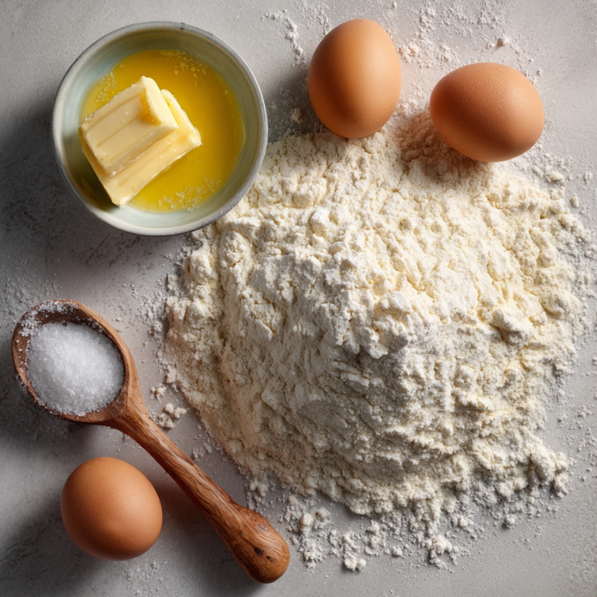 All-purpose flour, butter, salt, and eggs arranged on a light surface for preparing homemade pie crust.