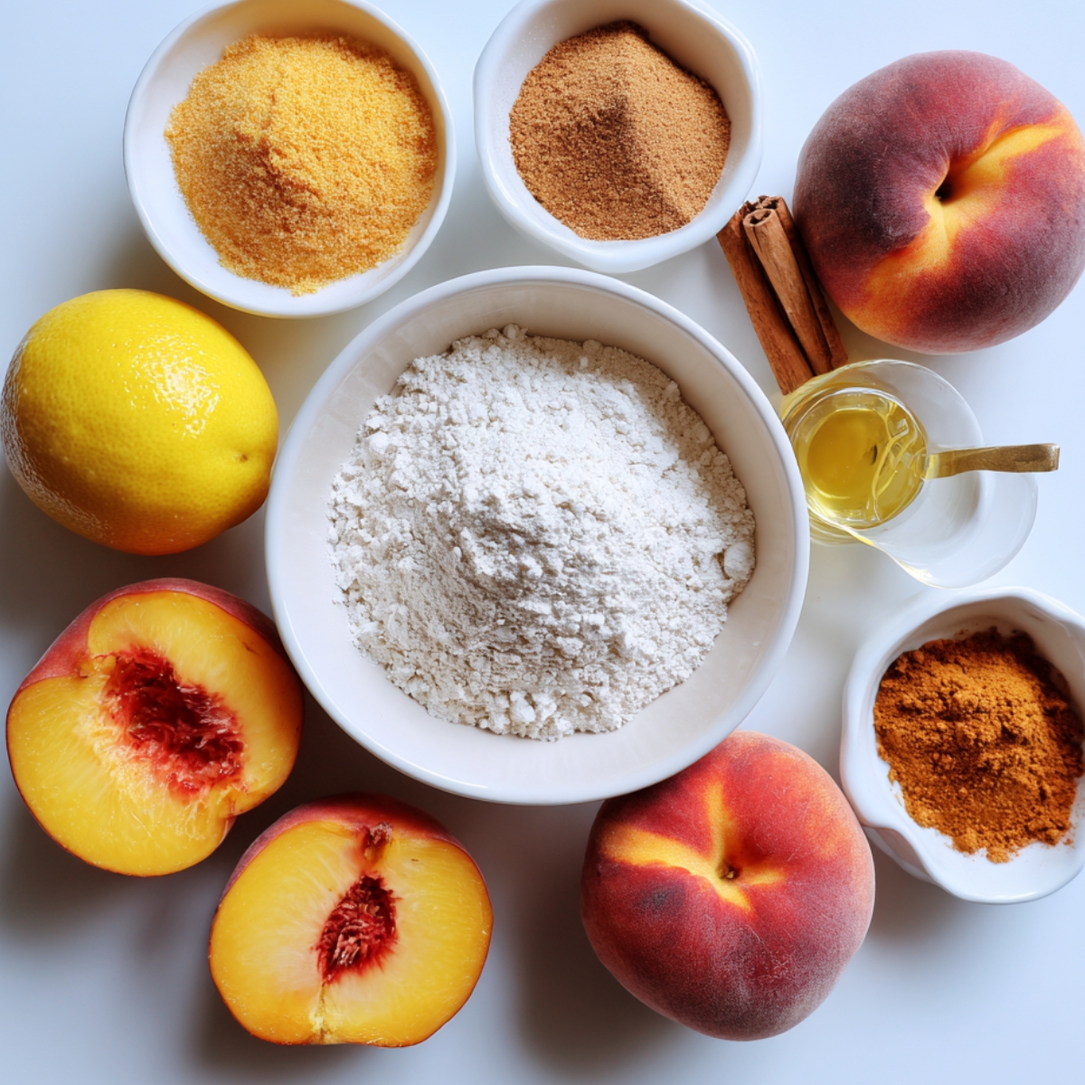 Fresh peaches, flour, brown sugar, lemon, cinnamon sticks, and vanilla arranged in bowls on a white background.