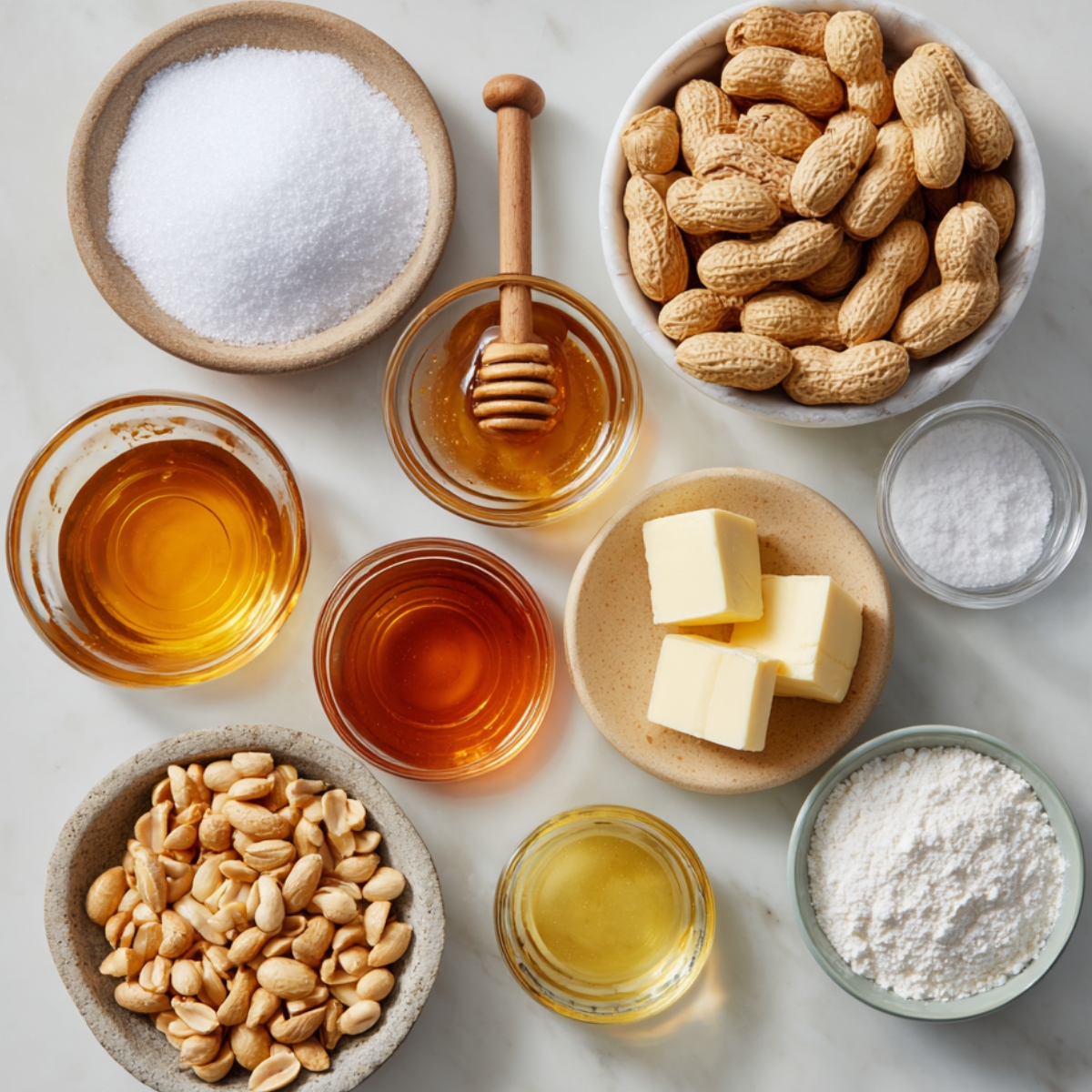 Flat lay photo of raw ingredients for peanut brittle: white sugar, corn syrup, and water measured in bowls, recipe preparation shot