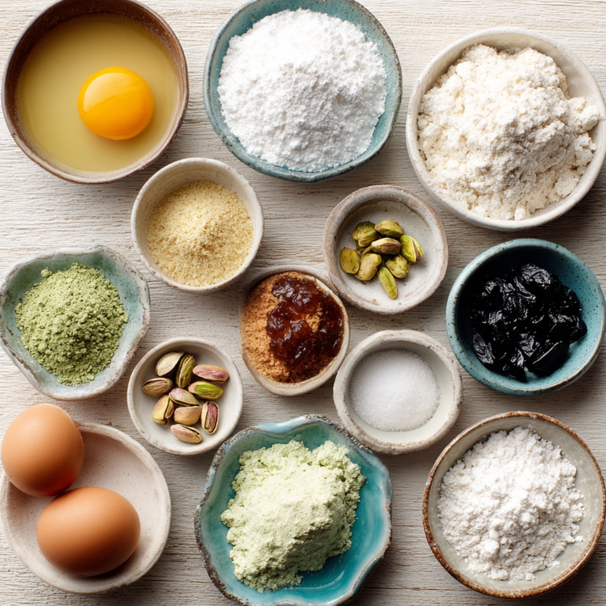 Overhead shot of assorted ingredients for pistachio macarons in small bowls, including eggs, almond flour, pistachios, powdered sugar, matcha powder, and jam.