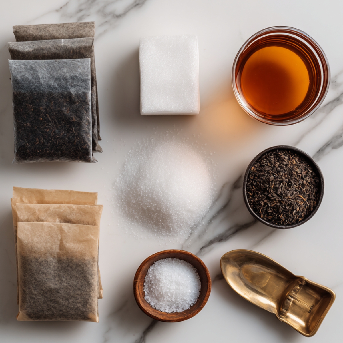 Tea-making essentials: black tea bags, loose leaf tea, sugar, honey, and a golden teaspoon on a marble surface.