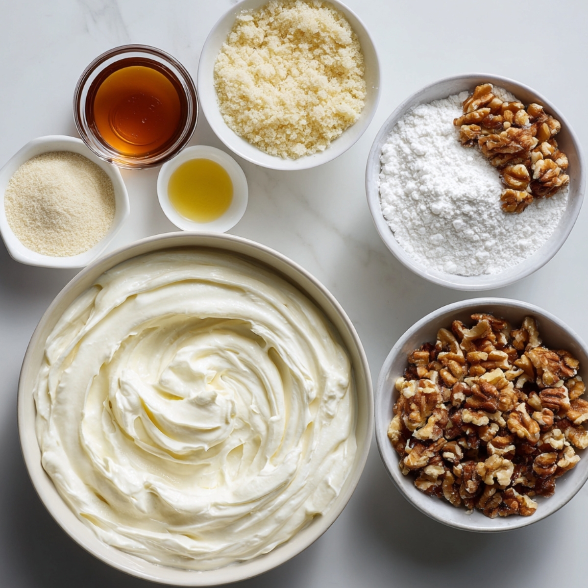 Ingredients for sour cream frosting including a large bowl of whipped cream, chopped walnuts, powdered sugar, vanilla extract, honey, and fine crumbs arranged on a marble surface.