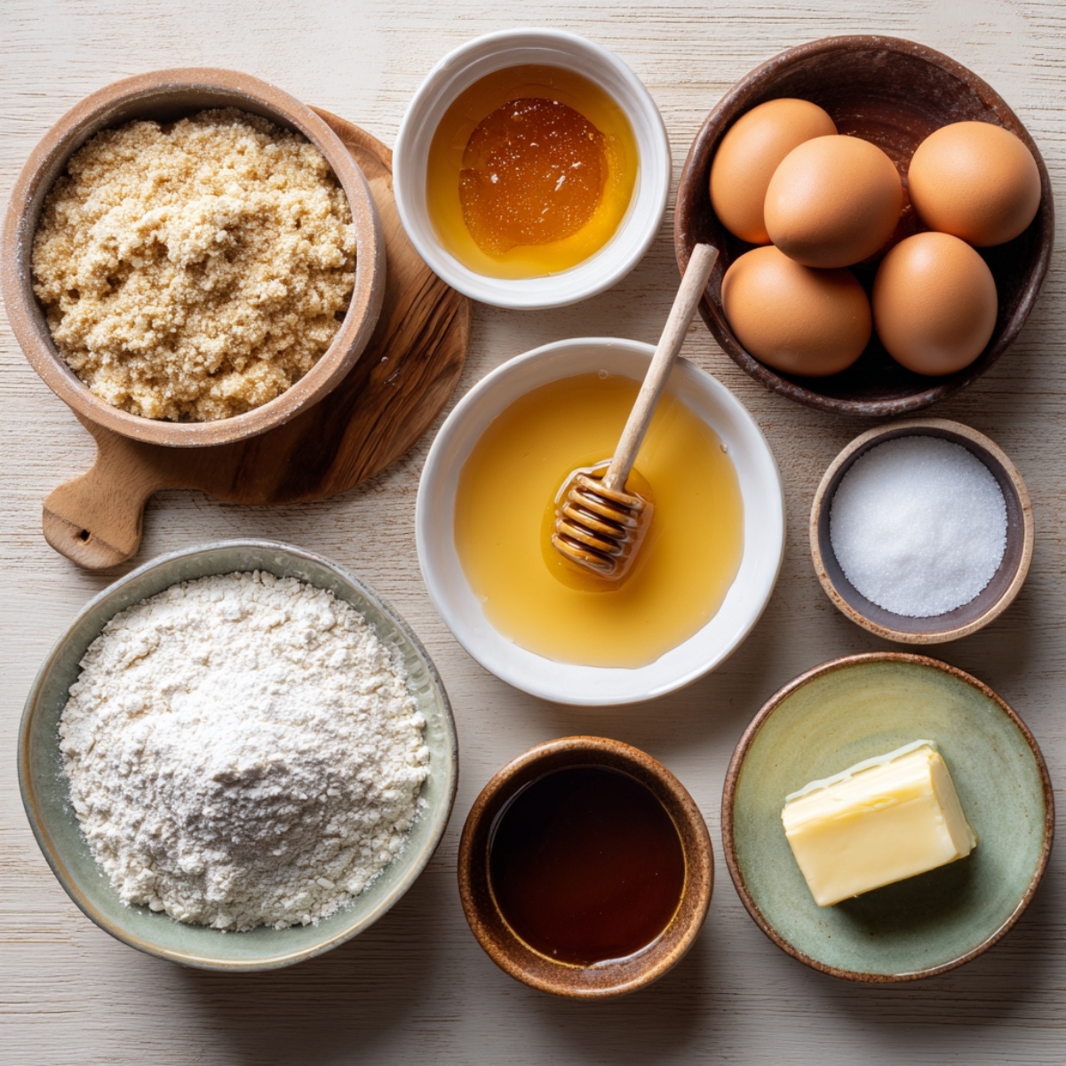 A neatly arranged display of ingredients for Russian honey cake, including flour, honey, butter, eggs, sugar, and baking soda, all placed in ceramic bowls on a light wooden background.