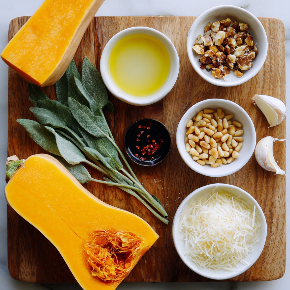 Half a fresh butternut squash with cooking ingredients: olive oil, garlic, pine nuts, walnuts, crushed red pepper, Parmesan cheese, and a bundle of sage.
