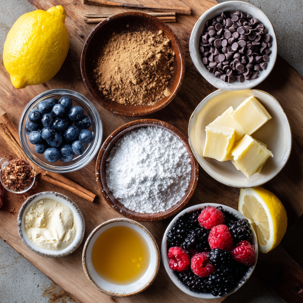 A wooden board with optional add-ins: fresh berries, lemon, chocolate chips, cinnamon, powdered sugar, and butter.