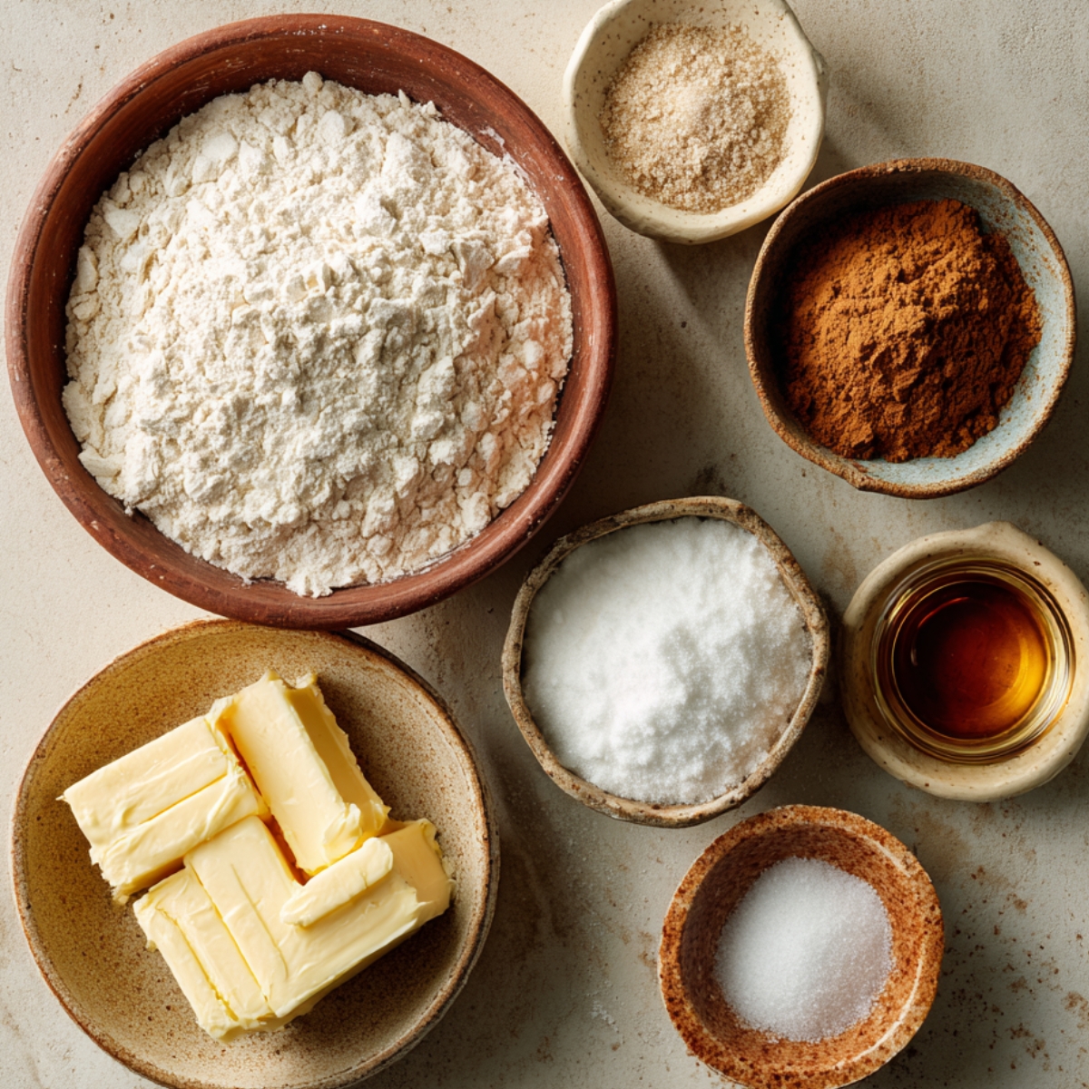 Baking ingredients for pretzels arranged on a surface, including flour, butter, cinnamon, sugar, salt, and vanilla extract.