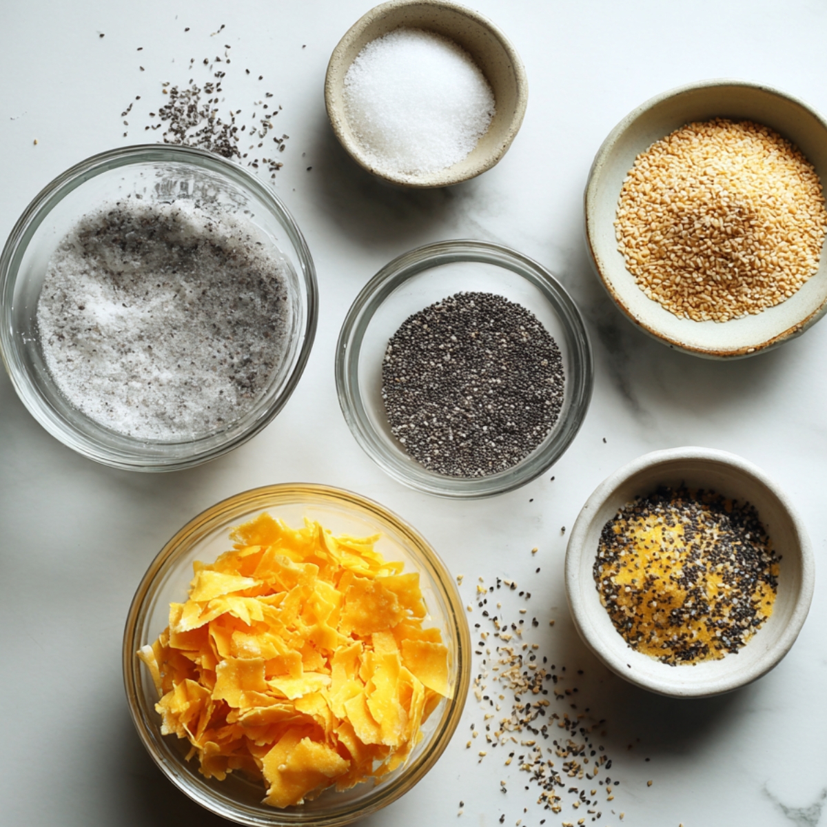 Small bowls containing pretzel toppings: coarse salt, sesame seeds, chia seeds, flaked cheddar cheese, and poppy seeds.