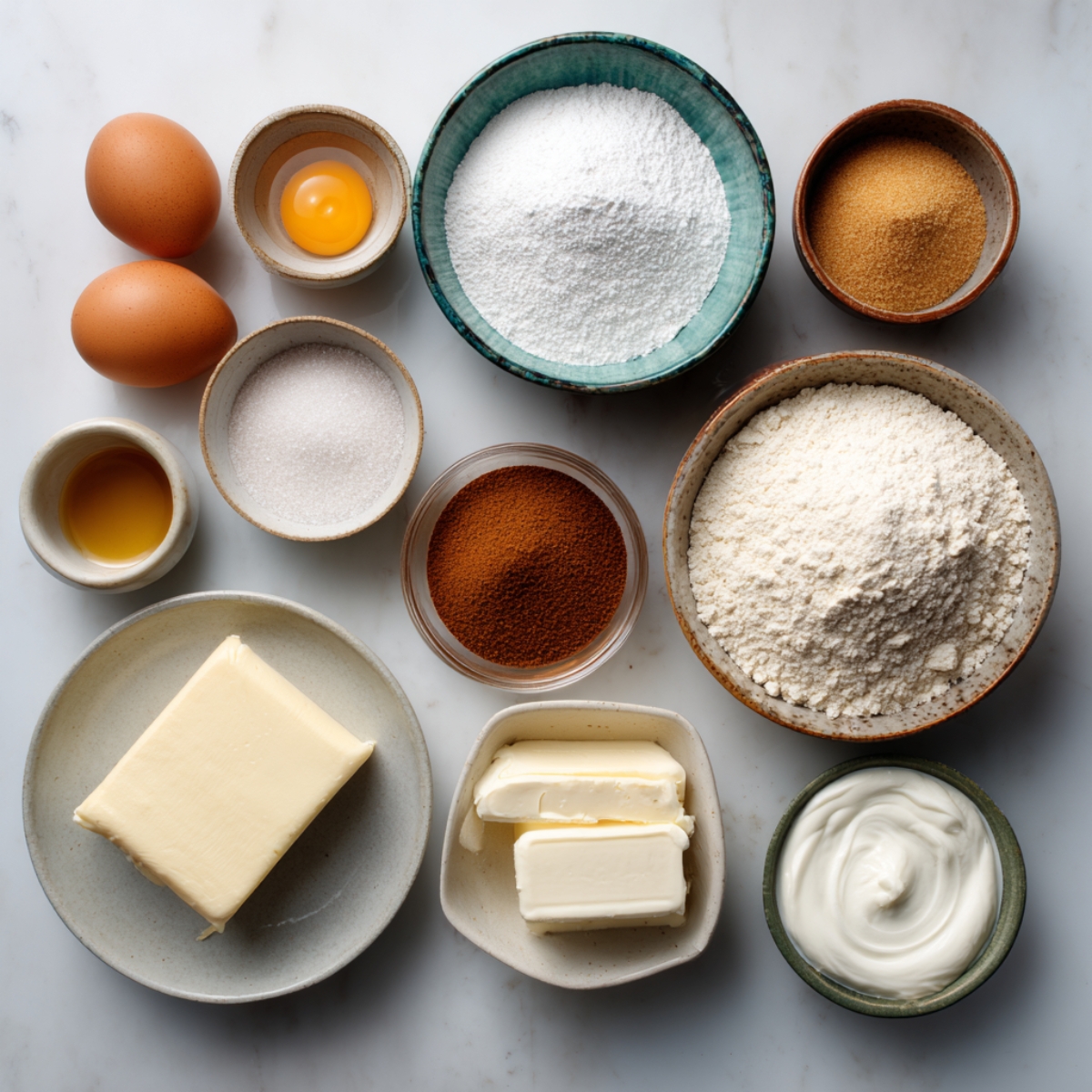 Flat-lay of neatly measured ingredients in small bowls: all-purpose flour, granulated sugar, brown sugar, powdered sugar, butter, cream cheese, eggs, vanilla, and other baking essentials arranged for mise en place.