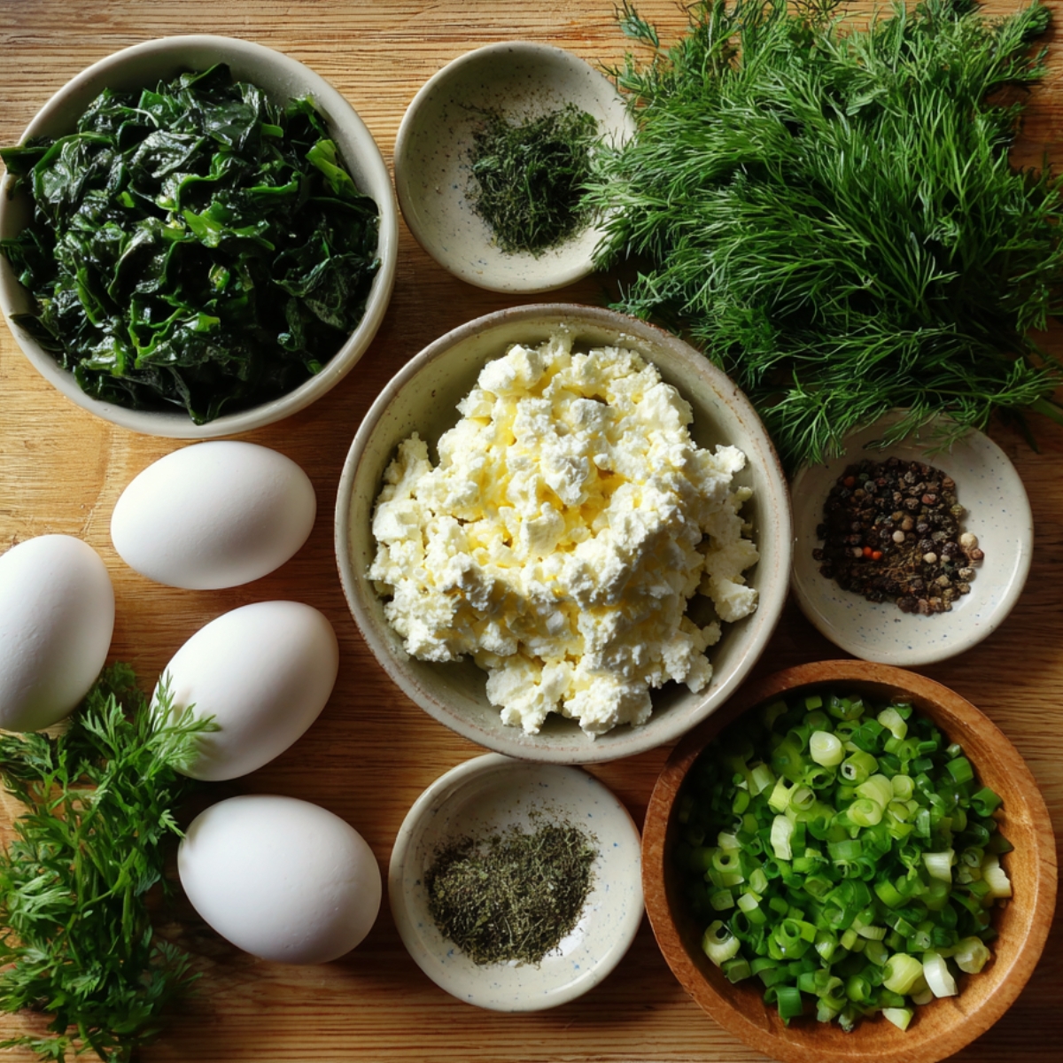 Bowls filled with spinach, feta, ricotta, green onions, dill, eggs, and spices on a wooden surface.