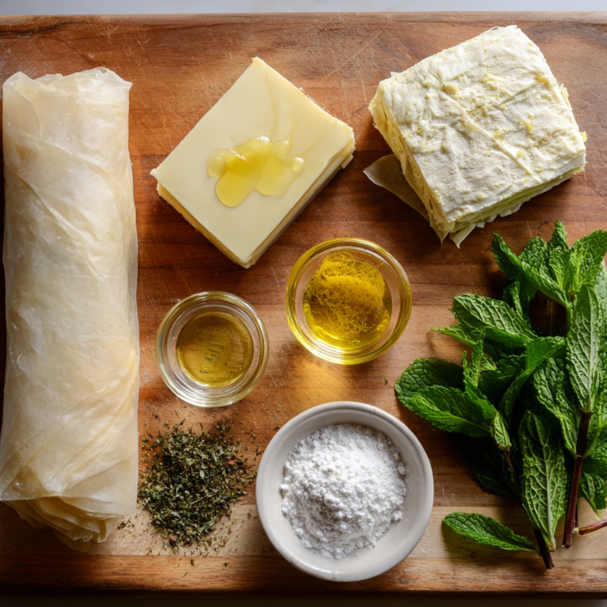 Phyllo dough, butter, olive oil, lemon zest, mint, and dried herbs arranged on a wooden cutting board.