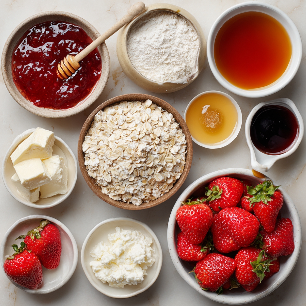 Overhead view of measured ingredients in small bowls including oats, strawberry jam, butter, maple syrup, and fresh strawberries.