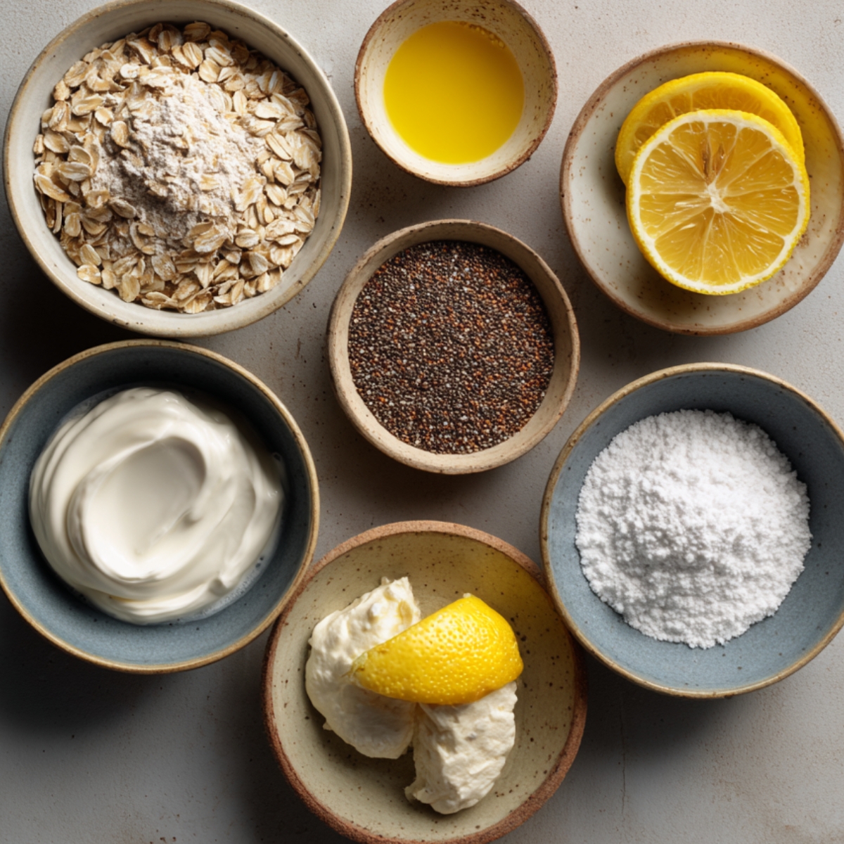 Overhead shot of oats, chia seeds, powdered sugar, lemon slices, Greek yogurt, and other baking ingredients neatly arranged in bowls.